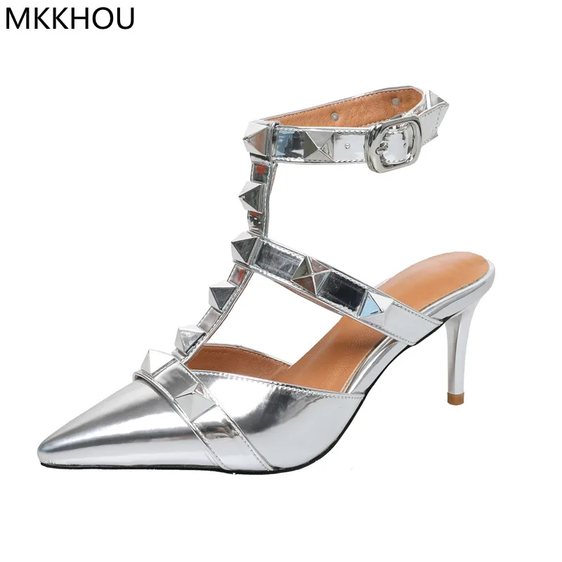 

MKKHOU Fashion Sandals Women New High-Quality Leather Pointed Roman Stud Rivets High Heels Thin Heels 7cm Summer All-Match