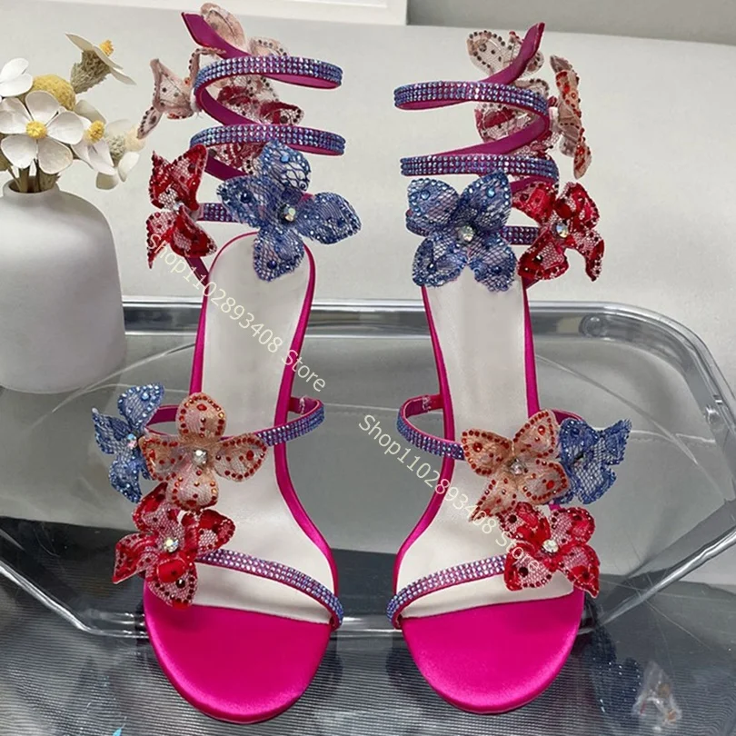 

Crystal Flowers Decor Twine Silk Sandals Mesh Lace Shallow Thin High Heel Women Summer Dress Sexy Shoes 2023 Zapatos Para Mujere