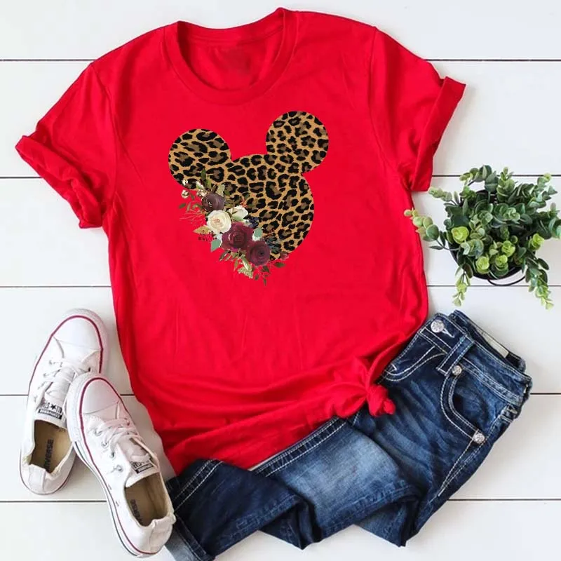 

New Women's Cotton T-Shirt Leopard Print Mickey Minnie Head Disney Summer T-Shirt Women's Aesthetic Short Sleeve Top