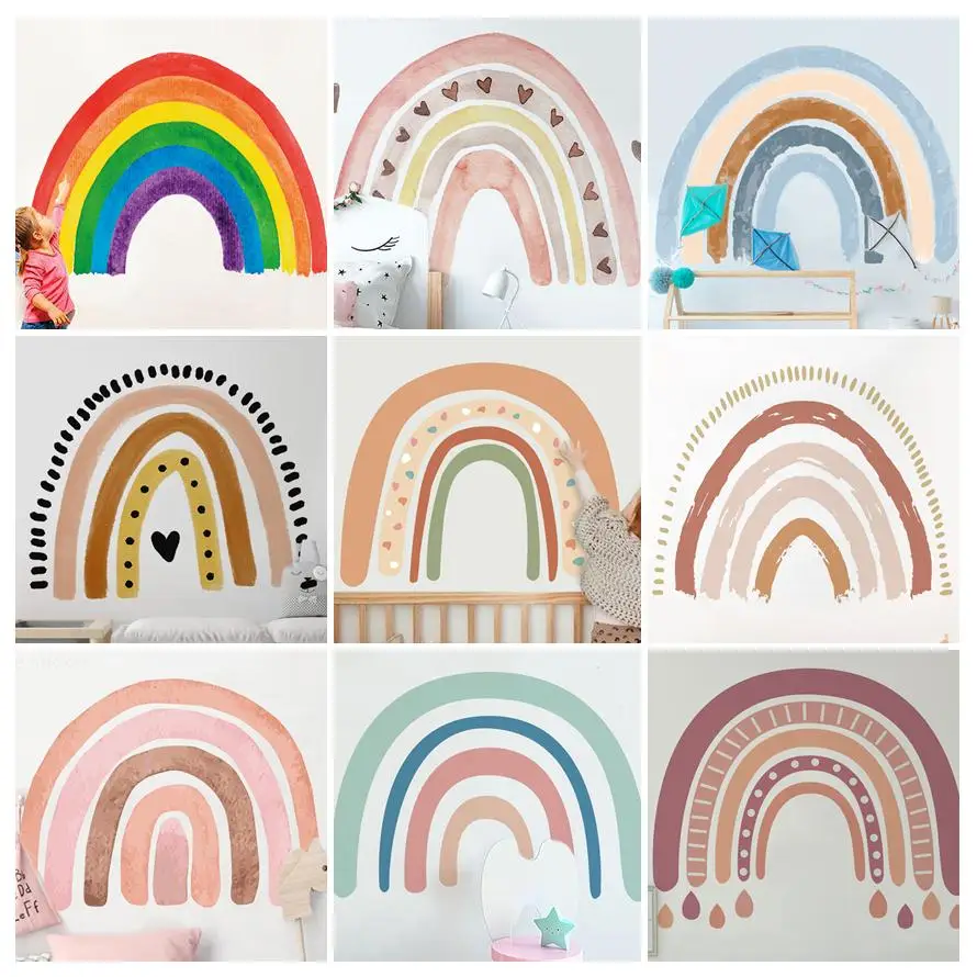 Watercolor Hand Painted Rainbow Sticker For Kids Room Girl Princess Baby Bedroom Decor Mural Self-adhesive PVC Wall Sticker Gift
