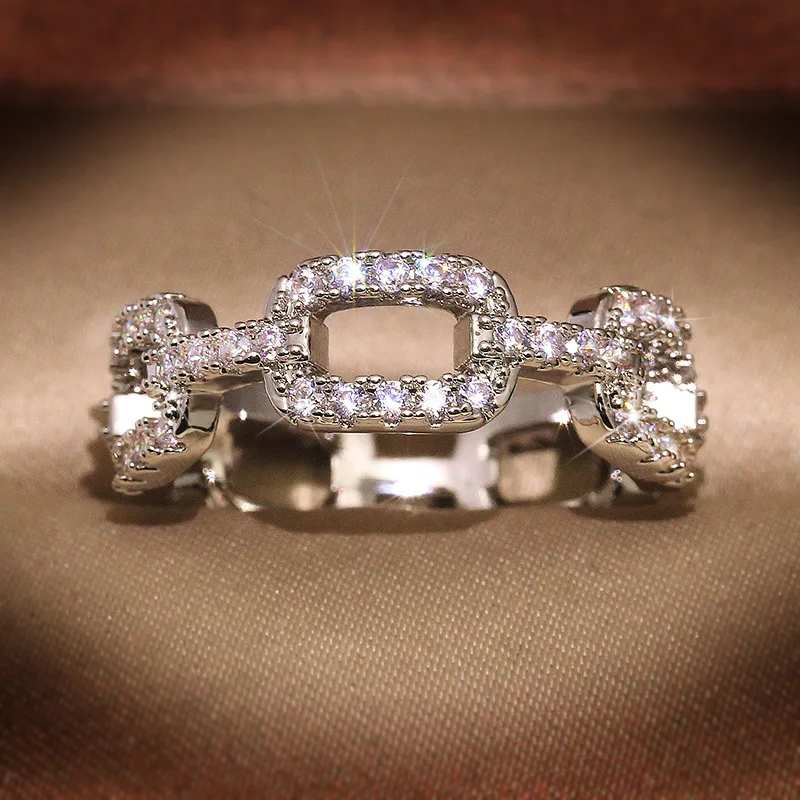 

Stylish Openwork Pig-Nose Rectangular Full Of Diamond Couple Ring For Women Geometric Silver-Plated Anniversary Gift Jewelry