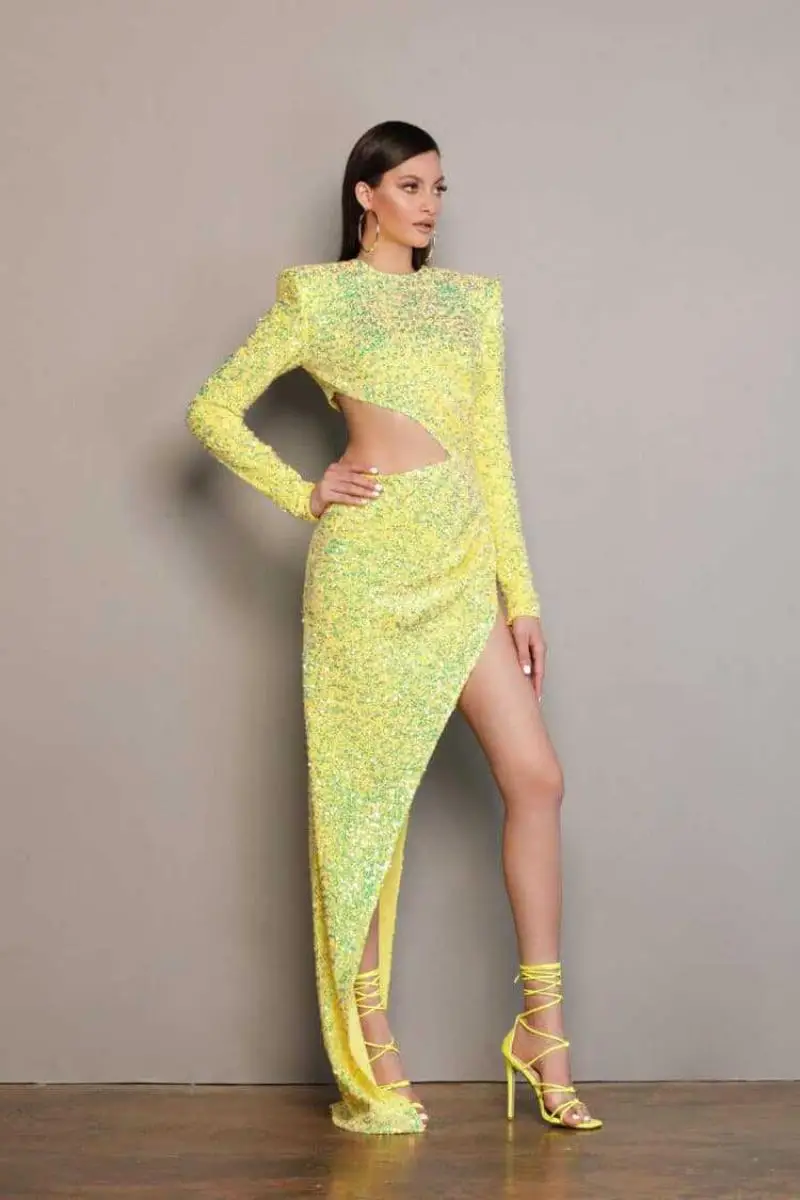 

High Slit Cocktail Dress Sequin Yellow Women Novelty Open Side Robe Soiree Hollow Out Valentine Days Prom Gown Vestido De Gala