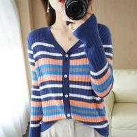new outer wool knit cardigan ladies v neck long sleeve striped bottom slim fit non cashmere thin jacket