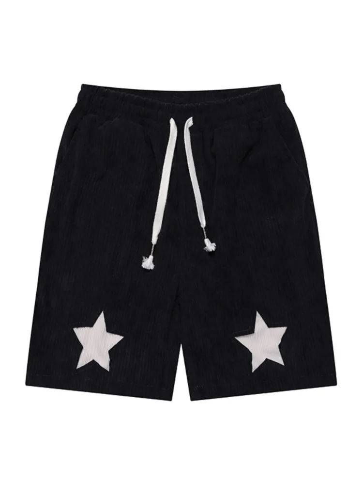 

Patch Pentagram Straight Shorts High Street Trend Drawstring Elastic Waist Sports Pants Summer Five Pants Solid Color