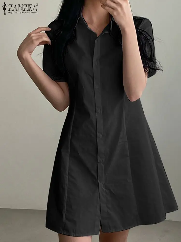 

ZANZEA Elegant Short Sleeve Shirt Dress Casual Lapel Collar A Line Single Breast Sundress OL Women Fashion Vestidos Mini Dress