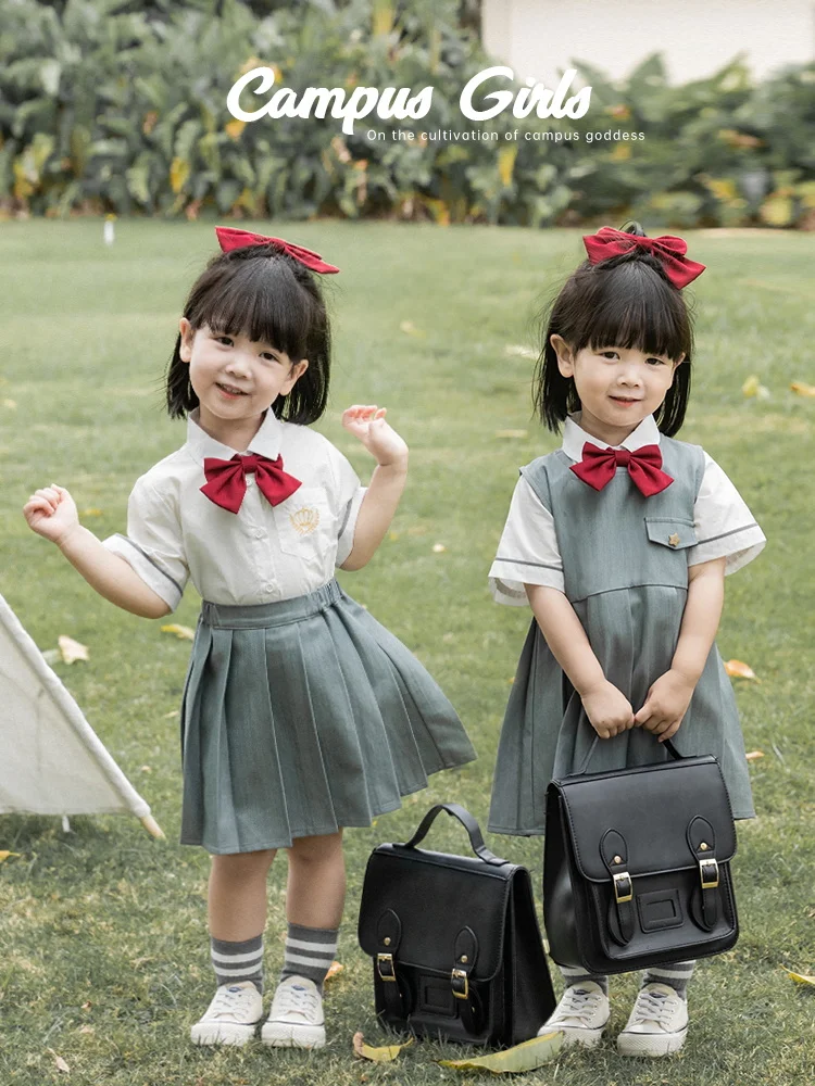 

Children's College Style Navy Collar Shirt Summer Girls Casual Cute Dress Suit Solid Color Pleated Skirt