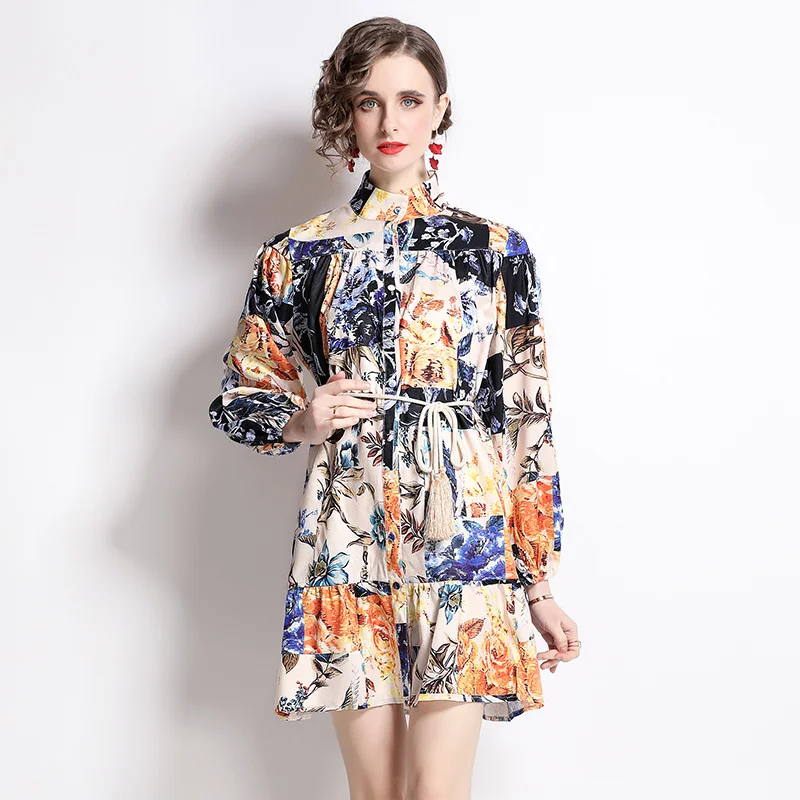 

High Quality Women Spring Autumn Vintage Print Floral Long Sleeve Cocktail Party Robe Female Elegant Patchwork Dress Vestidos