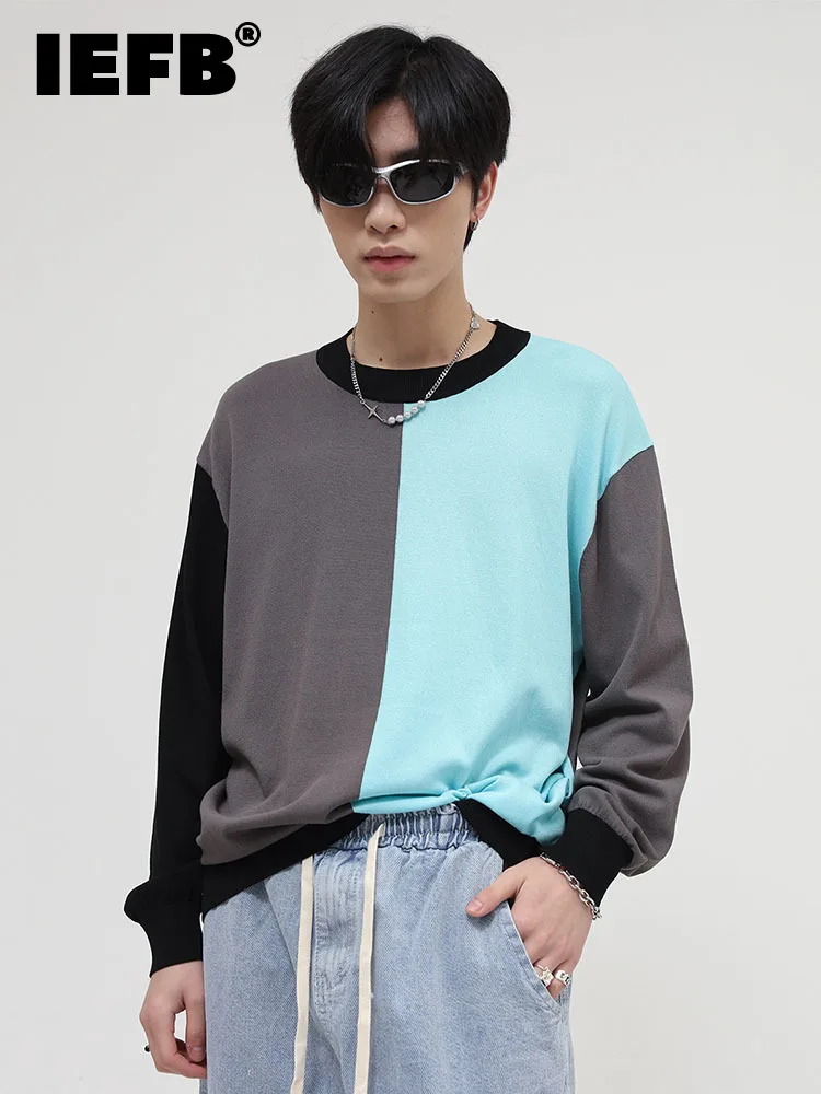 

IEFB Korean Style Contrast Color Patchwork Men's Sweater Casual Pullover 2022 Spring Autumn New Round Neck Personality 9A1261
