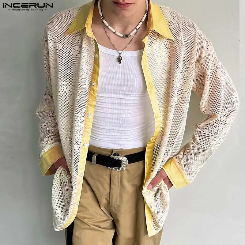 

Fashion Well Fitting Tops INCERUN Men's See-through Mesh Lace Blouse Casual Streetwear Patchwork Print Long Sleeved Shirts S-5XL