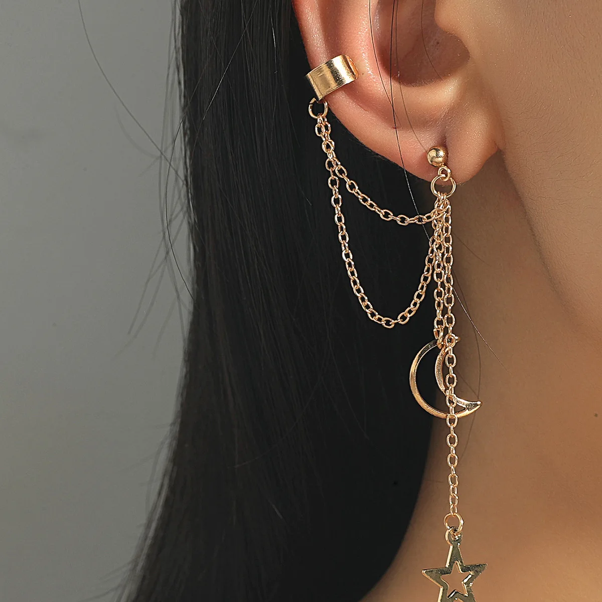 New Fashion Stars Moon Clip Earrings Ear Hook Personality Metal Ear Clips Double Pierced Ear for Women Girls Jewelry