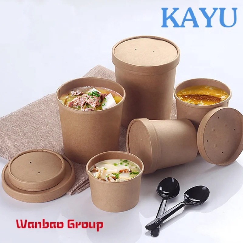 Eco Friendly Disposable takeaway food container Kraft Paper noodle bowls Hot Soup Cups With Paper Flat Lid