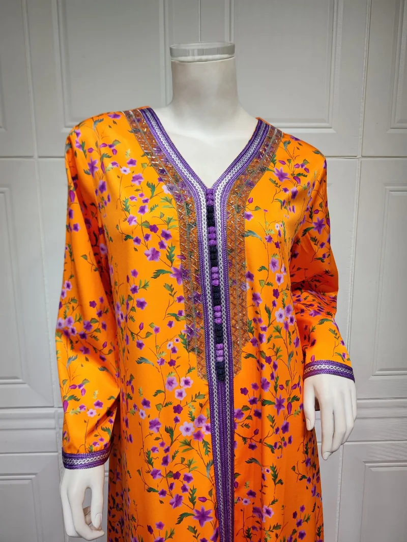 Muslim Dress 2023 Spring Summer Fashion Style Muslim Women Long Sleeve V-neck Polyester Printing Orange Long Dress Muslim Abaya