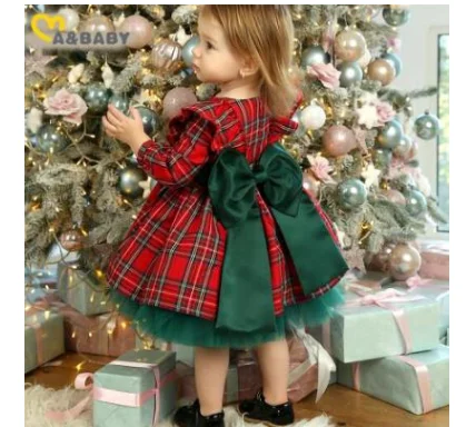 

1pcs/lot children Christmas Dress For Girls Toddler Kid Child Red Plaid Bow Dresses For Girl Xmas Party Princess Costumes