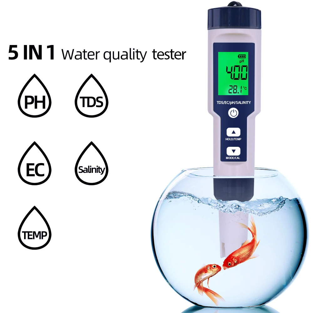 

5 in 1 Water Quality Tester Digital Meter Water Quality Analyzer Detector PH/ TDS/ EC/ Temperature/ Salinity Testing