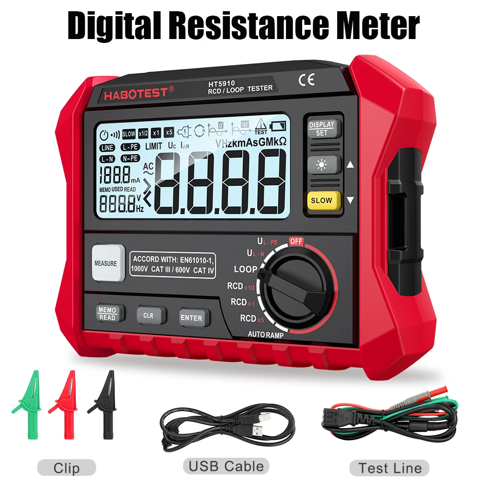 

Измеритель сопротивления HT5910, тестер переключателя утечки, 3,5-дюймовый ЖК-дисплей, цифровой RCD/тестер контура 4,7, вольтметр, Мегаомметр для хранения данных