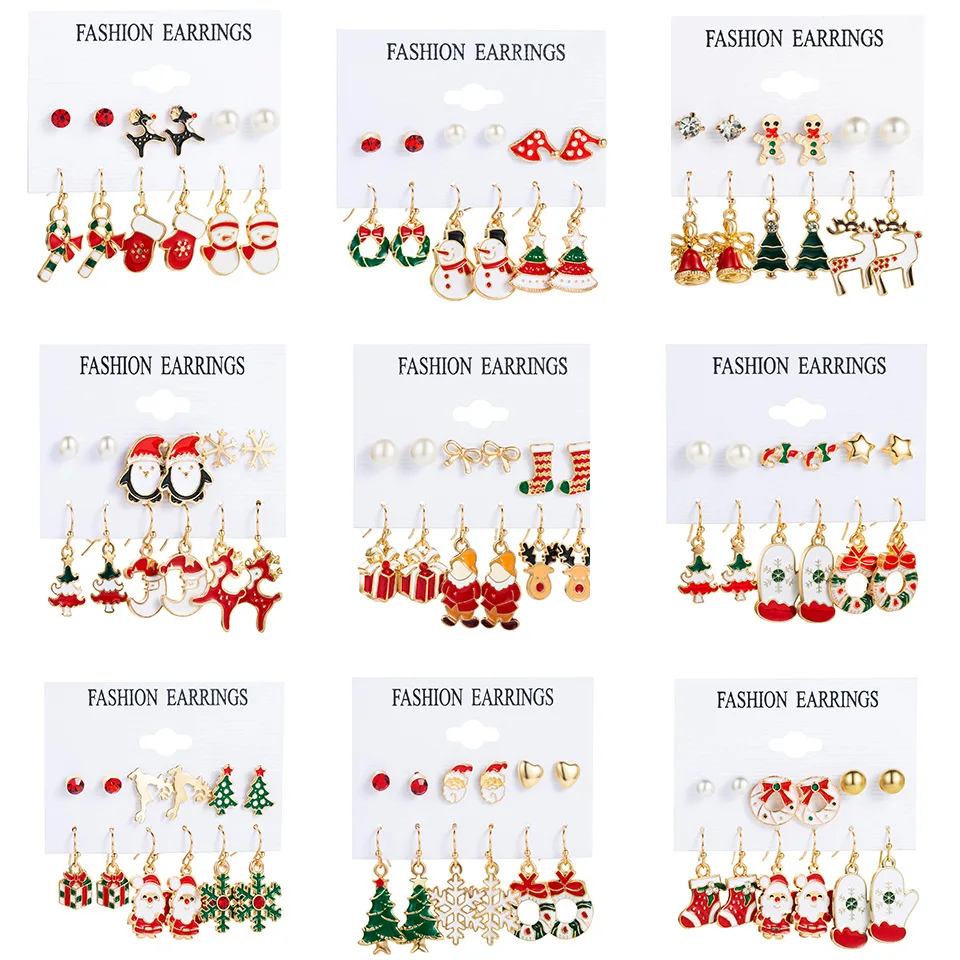 

6 Pairs Christmas Dangle Earrings Set Xmas Tree Brown Elk Snowman Santa Claus Cute Stud Earring For Women Girl Jewelry Gift