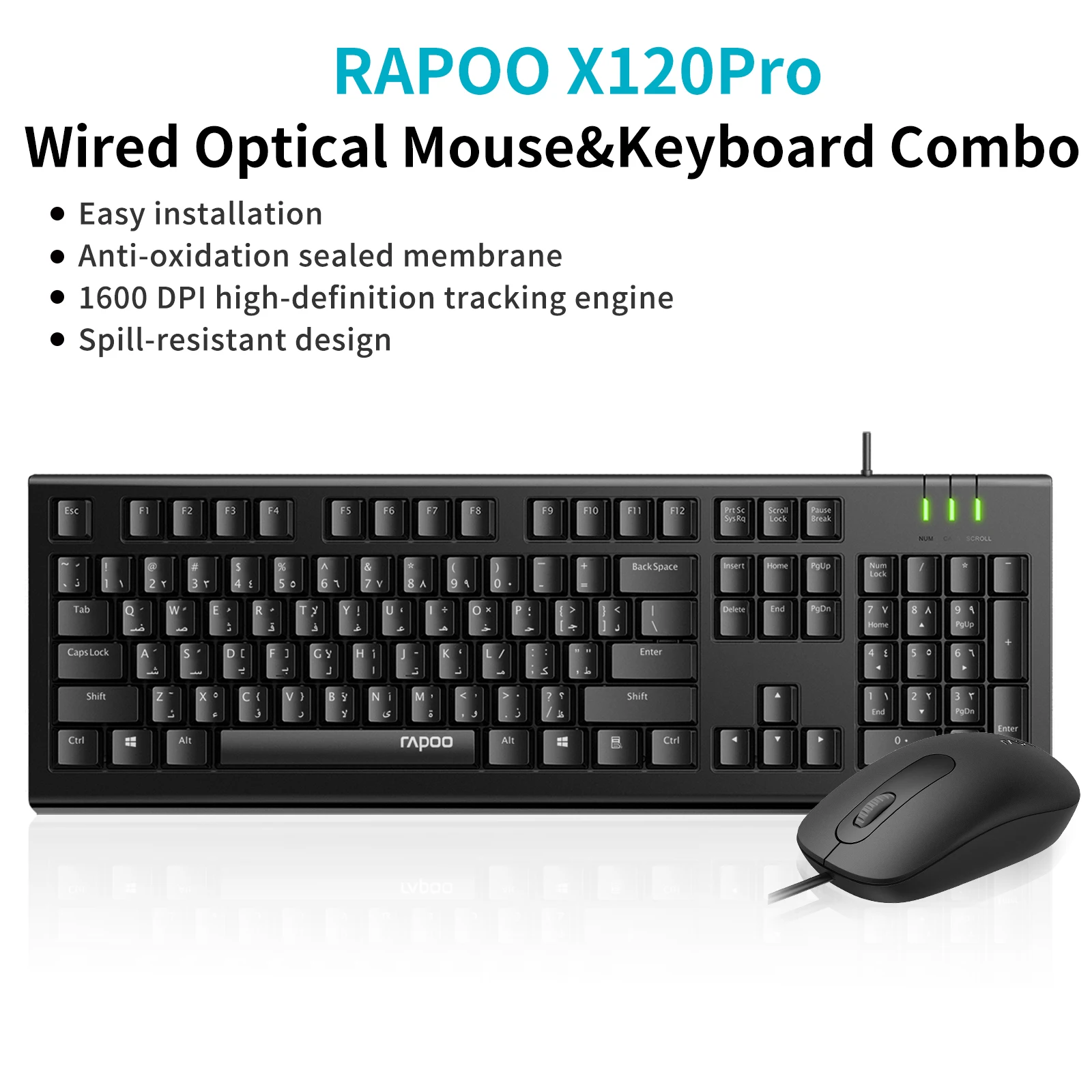 

Rapoo X120Pro Wired USB Mouse and Keyboard Combo Optical Mouse Spill Resistance Keyboard Printed on Arabic/English Lette