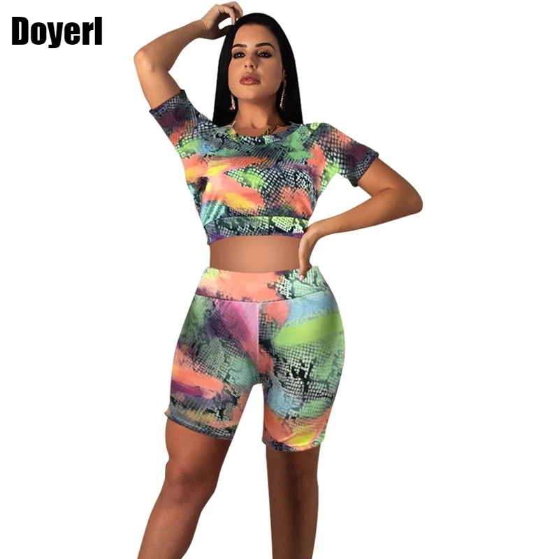 

Snake Print Two Piece Tracksuit Set Women Summer Clothes Set Short Sleeve Tshirts Top and Biker Shorts Set Women Outfits 2021