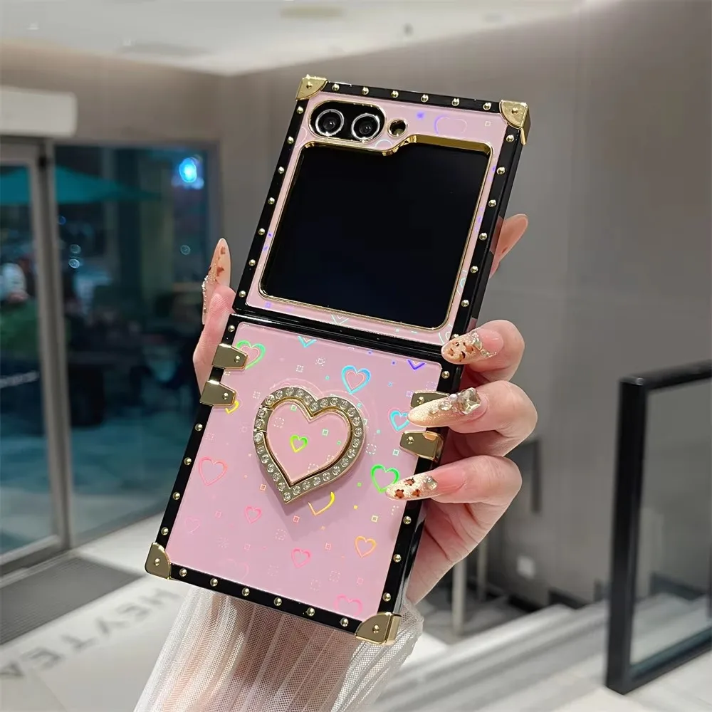 Фото Чехол для телефона Samsung Galaxy Z Flip 6 5 4 3, блестящее кольцо на палец, подставка, чехол, флип, позолоченный бампер, лазерное блестящее сердце №2