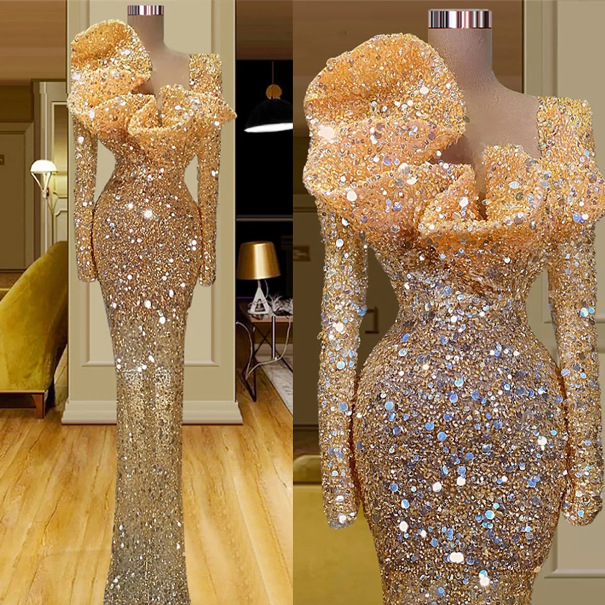 

Sparkly Sequins Mermaid Prom Dresses 2023 Arabic Long Sleeves Evening Formal Party Second Reception Birthday Engagement Gowns