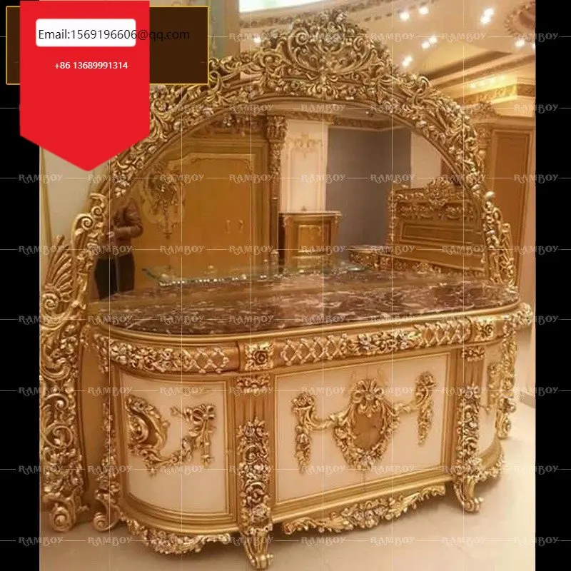 

European style solid wood dining side cabinet villa living room carved storage cabinet marble porch cabinet decorative cabinet