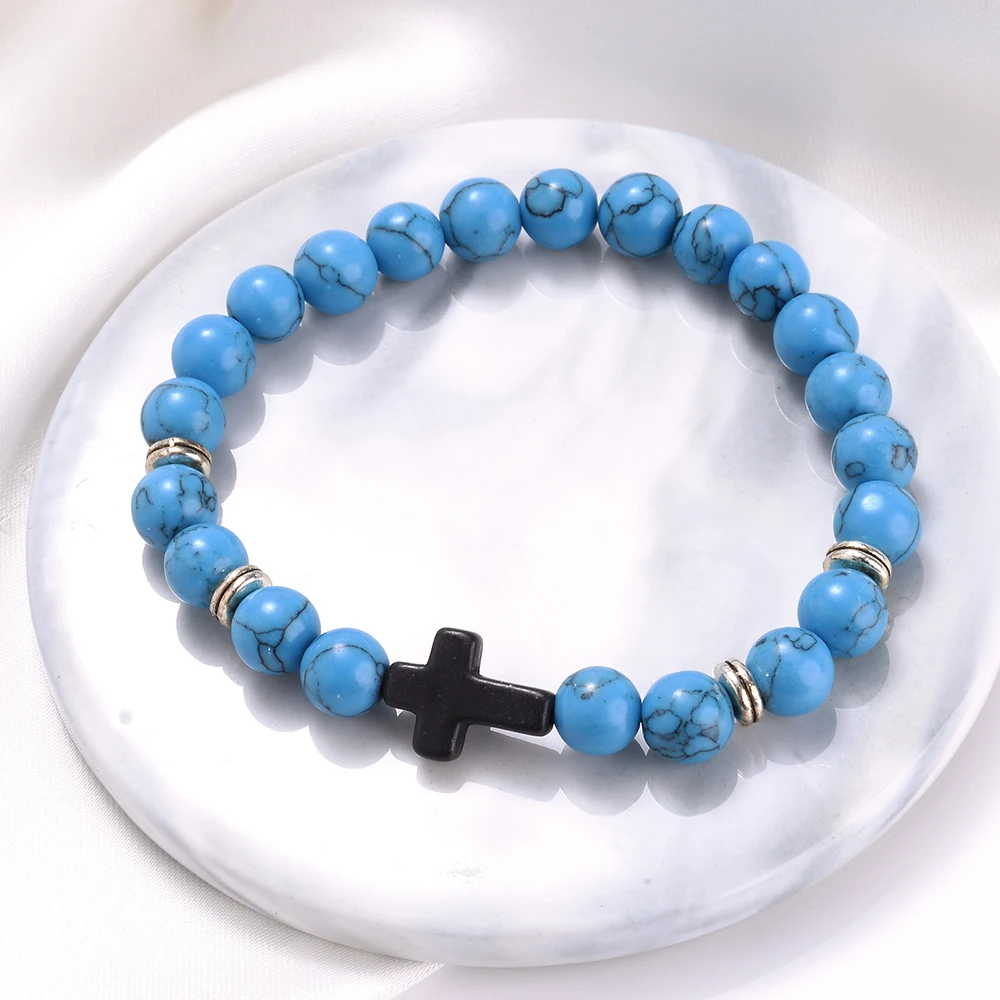 Модные черные очаровательные браслеты с бирюзой мужские бриллианты 8 мм белые