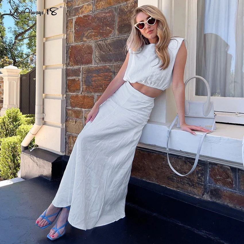 

Mnealways18 Elegant Women Vacation Sets 2 Pieces Cropped Lace-Up Tank Ankle-Length Skirts Classic Solid Skirt Suits Summer 2022
