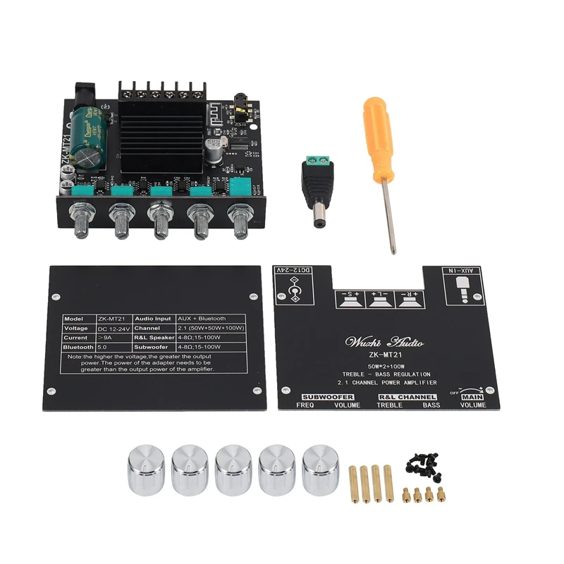 

ZK-MT21 2.1 Channel Bluetooth 5.0 Subwoofer Amplifier Board 50WX2+100W Power Audio Stereo Amplifier Board Bass AMP AUX