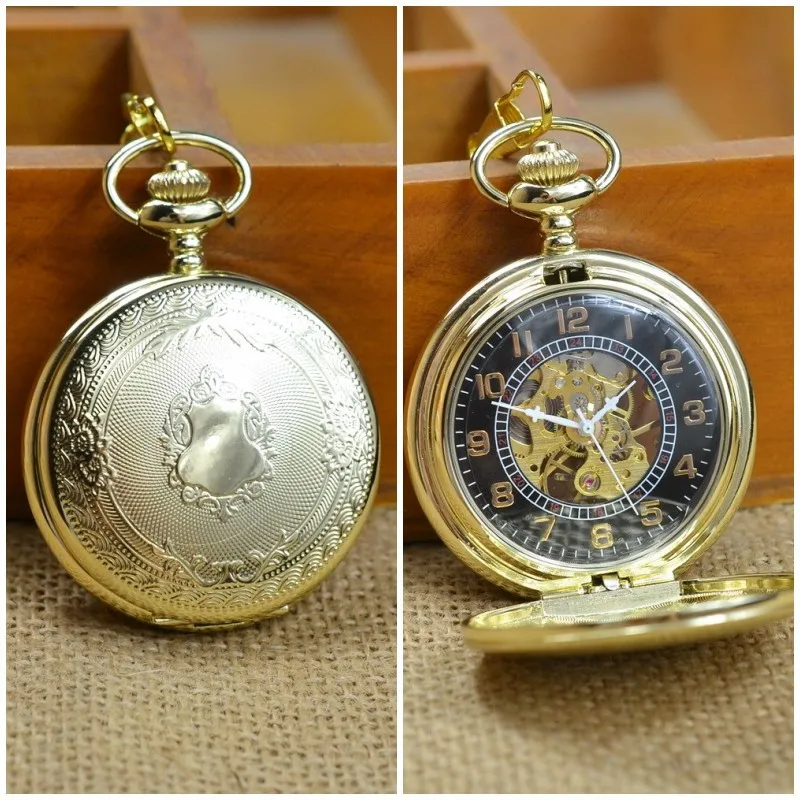 Luxury Mechanical Gold Carving Pocket Watch for Men Women Steampunk Flower Engraved Case Roman Numeral Fob Chain Pendant Clock