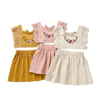 korean style baby girls ruffles sleeveless clothes set cotton linen kids backless embrodiery lace crop vestsolid skirt outfits