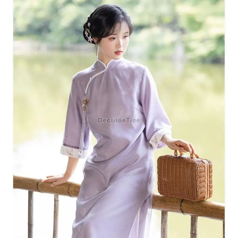 

2023 autumn new improved chinese standing collar zen tea dress han elements elegant half sleeve traditional women cheongsam g915