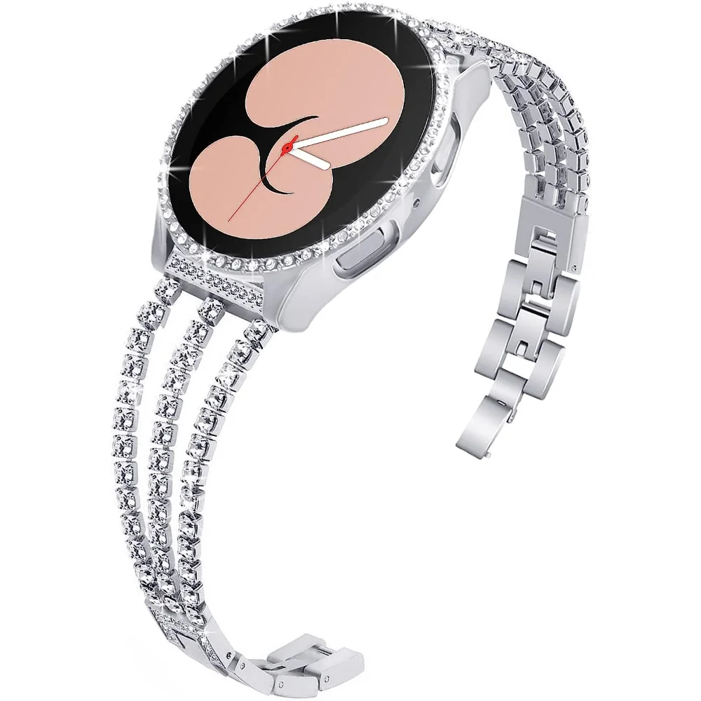 

Ремешок из нержавеющей стали для Samsung Galaxy Watch 4/5 40 мм 44 мм, блестящий чехол со стразами + женский браслет по звеньям, ремешок 20 мм + защита экрана