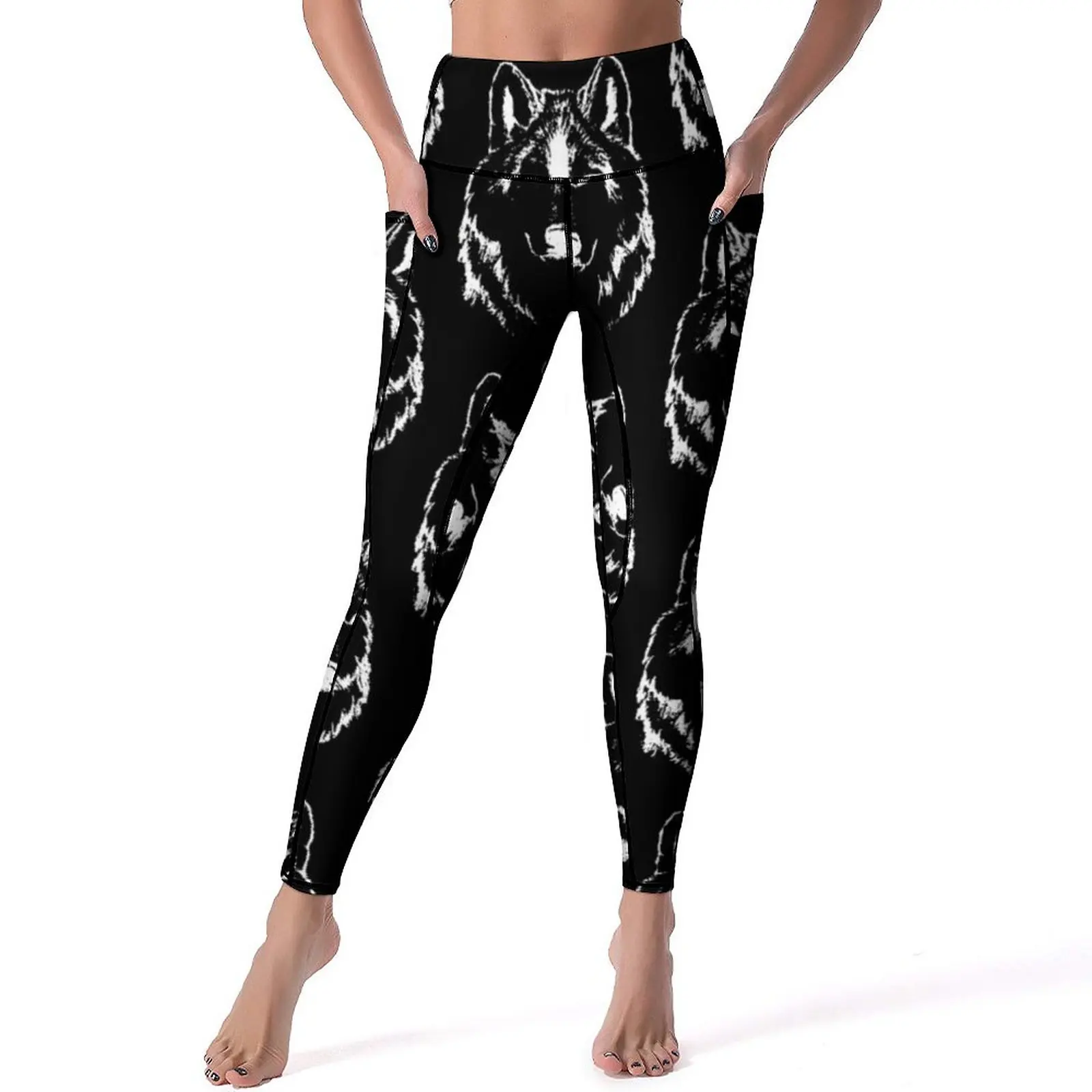

Funky Wolf Face Head Yoga Pants Sexy Black And White Graphic Leggings High Waist Work Out Leggins Casual Stretch Sports Tights
