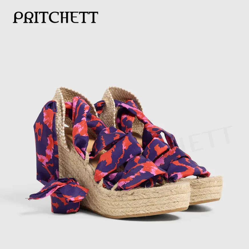 Braided Wedge Color Printed Sandals Open Toe Round Toe Platform High Heel Sandals Calf Cross Strap Fashion Ladies Sandals