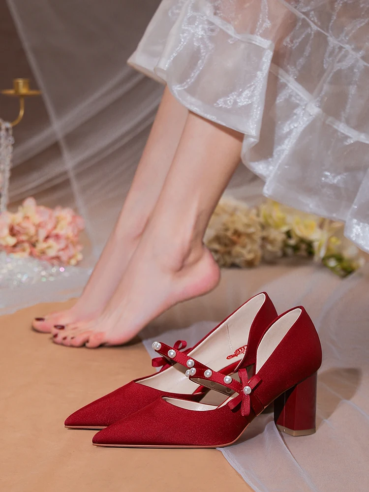 

Wedding shoes, bride's shoes, wine, red high heels, women's new side-empty thick heel with single shoes