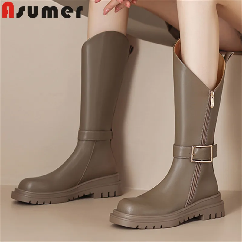 

Женские сапоги до середины икры ASUMER, из натуральной кожи, на молнии, на толстом среднем каблуке, Осень-зима 2023