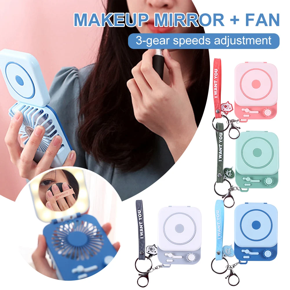 

1PC Portable Folding LED Makeup Mirror With Fan USB Rechargeable LED Beauty Mirror And Mini Handheld Fan Makeup Tool for Women