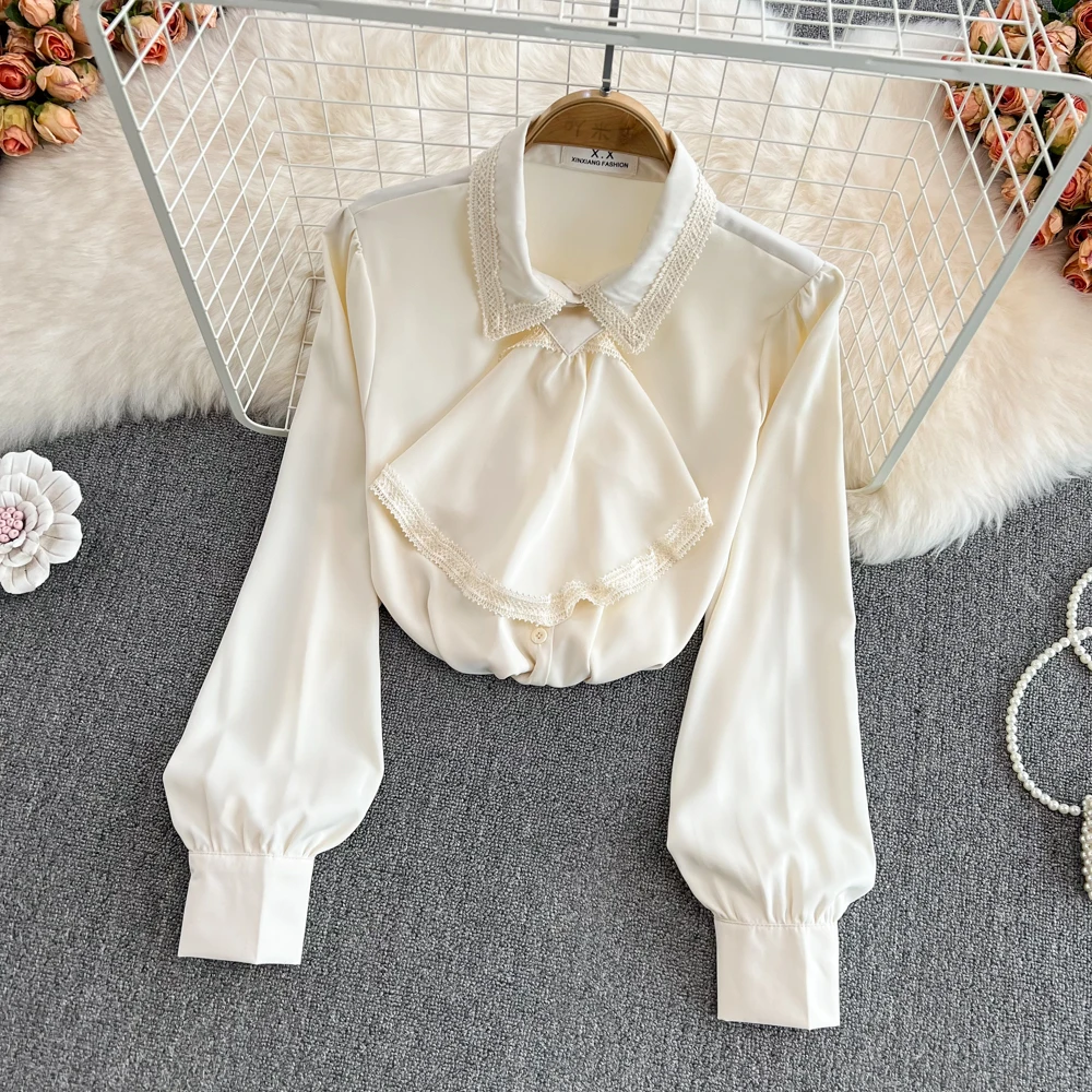 

Женская шифоновая рубашка-поло с длинным рукавом, белая Свободная шифоновая рубашка-поло в стиле ретро, весна 2022