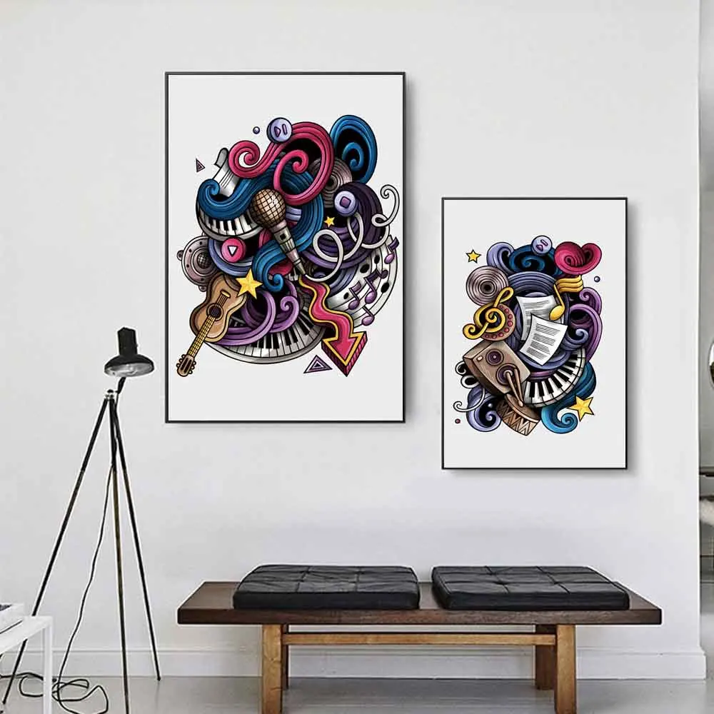 Модное искусство музыкальный символ холст живопись настенное гитара микрофон
