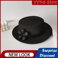childrens hand woven straw hat summer outdoor fashion flat top beach straw hat girls foreign style straw black top hat
