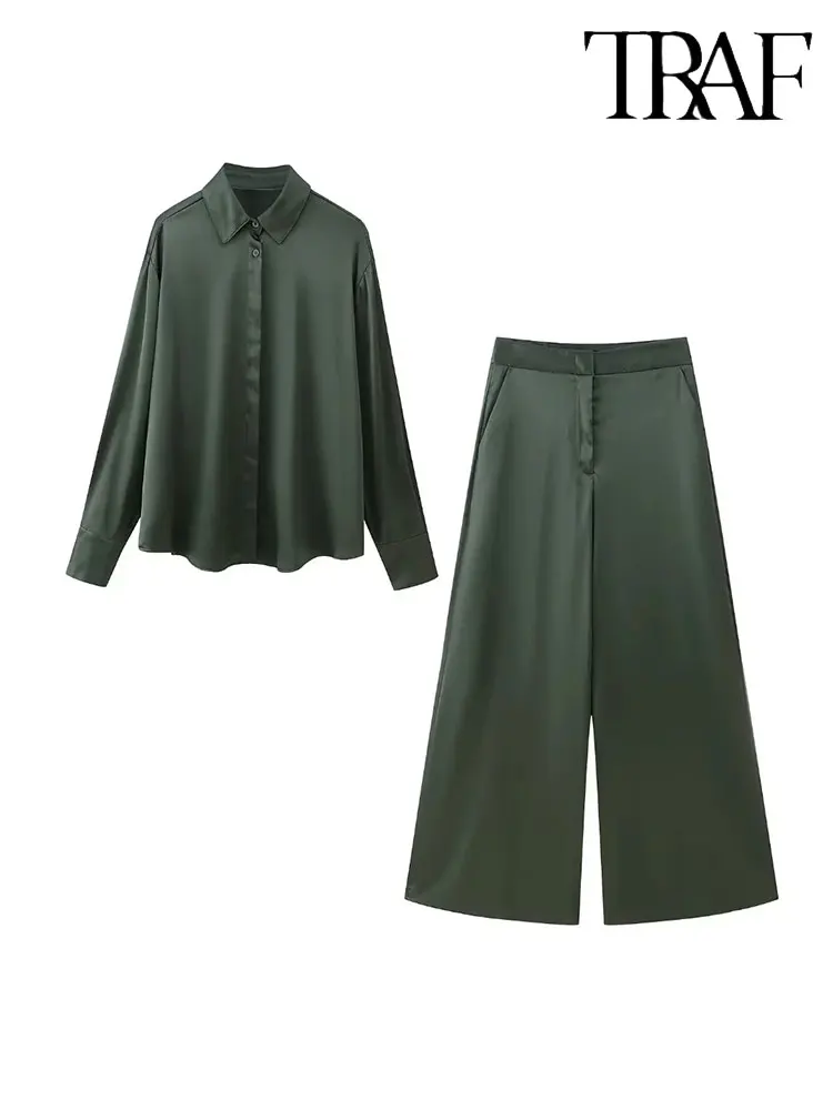 

TRAF 2023 Women 2 Pieces Sets Fashion Satin Silk Texture Shirt Tops + High Waist Wide Leg Long Pants Autumn Causal Loose Sets
