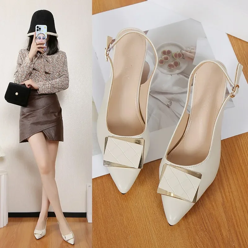 Женские босоножки на толстом каблуке Простые сандалии с острым носком ремешком