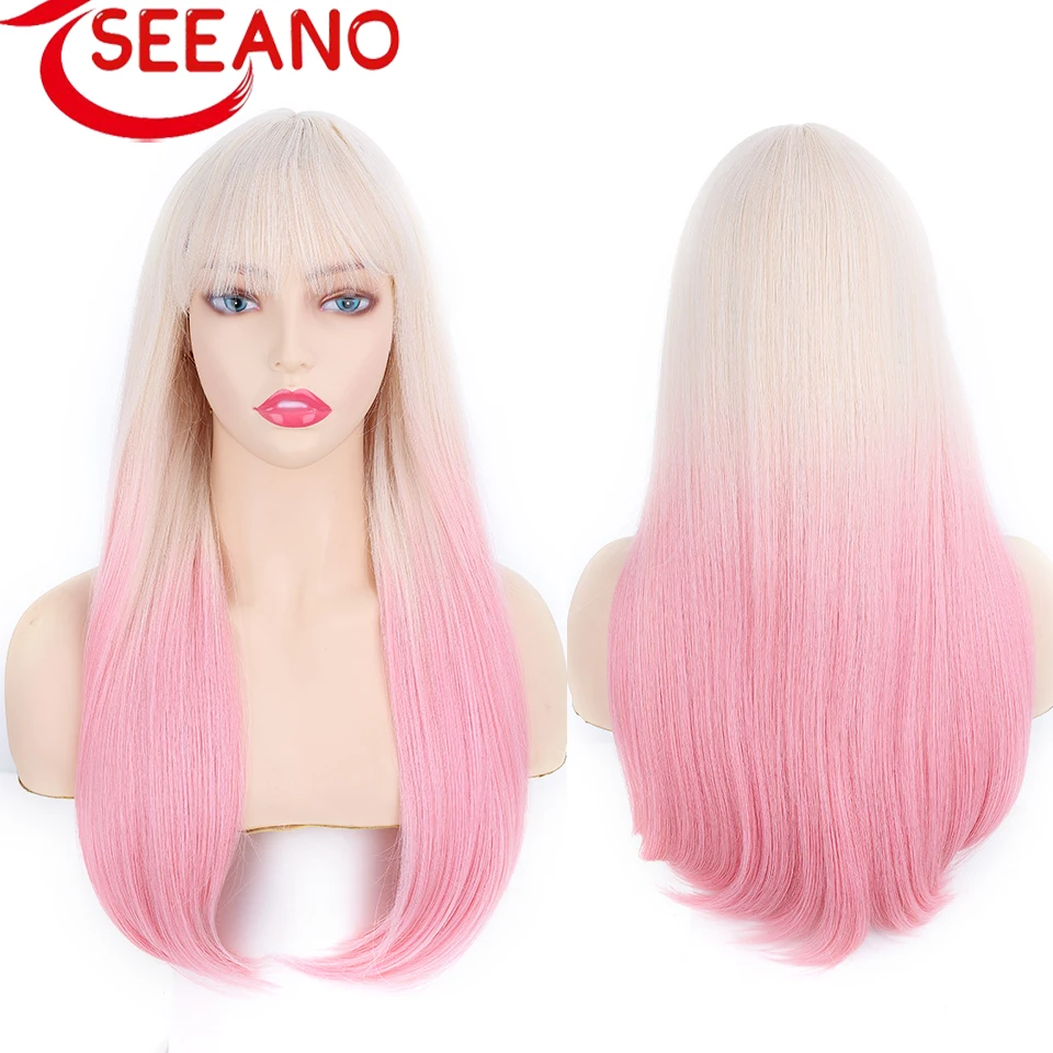 SEEANO Synthetic Coaplay Wig Long Straight Light Pink Hair With Bangs Ombre Red Purple Blonde Orange White Halloween Lolita Wig
