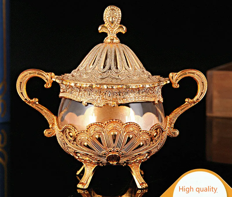 

High Quality Alloy Glass Cruet Salt Jar New Peacock Pattern European Style Tea House Household Sugar Bowl