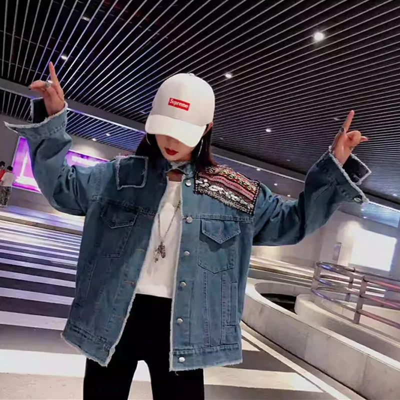 Женская джинсовая куртка в стиле бохо винтажное пальто с цветочной аппликацией и