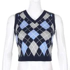Винтажный свитер с треугольным вырезом, жилет, женский черный клетчатый вязаный укороченный свитер без рукавов, повседневные Осенние Топы в стиле преппи 2021