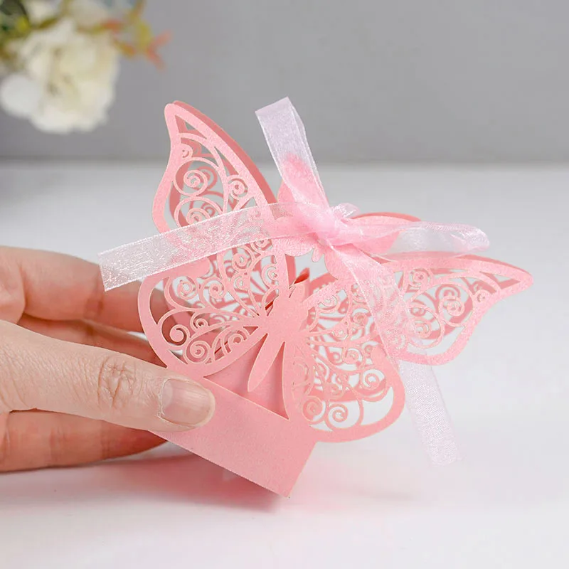 

10Pcs Laser Cut Hollow Butterfly Gift Boxe With Ribbon DIY Engagement Wedding Favor Box Cookie Chocolate Candy Packaging Box Bag