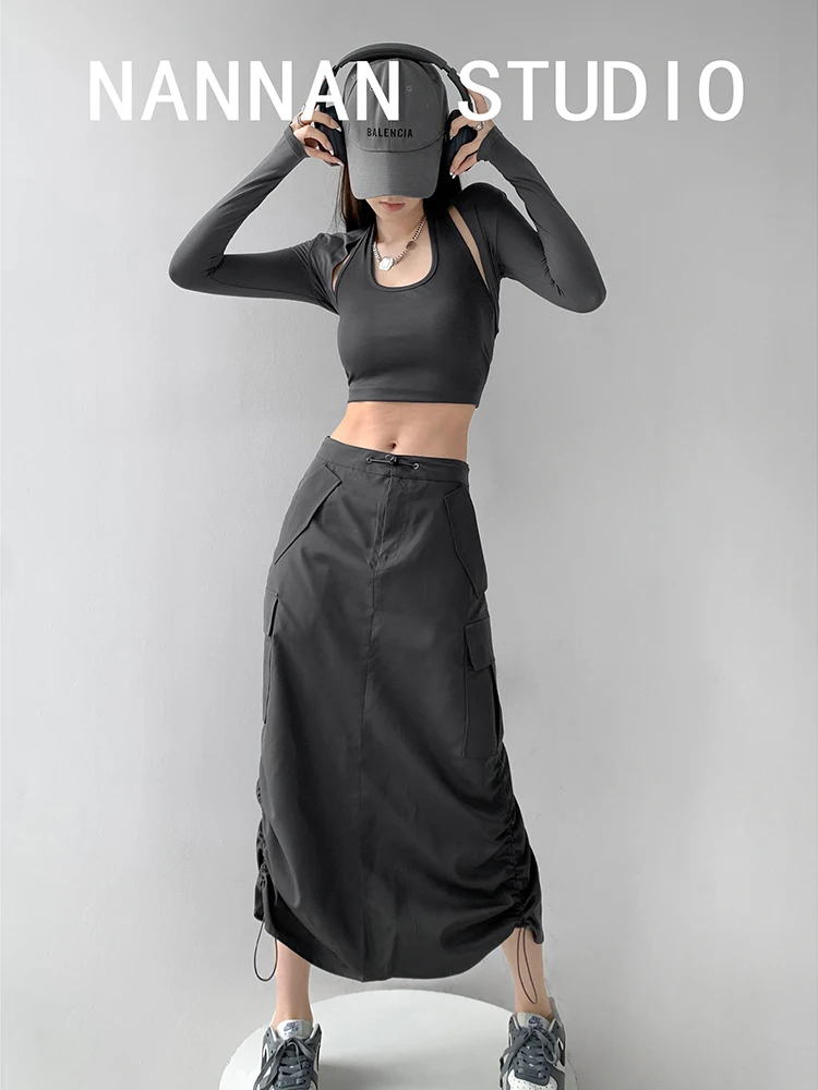 

Женская однотонная Осенняя юбка средней длины с боковым шнурком, свободная прямая Плиссированная Юбка-миди с высокой талией и асимметричны...