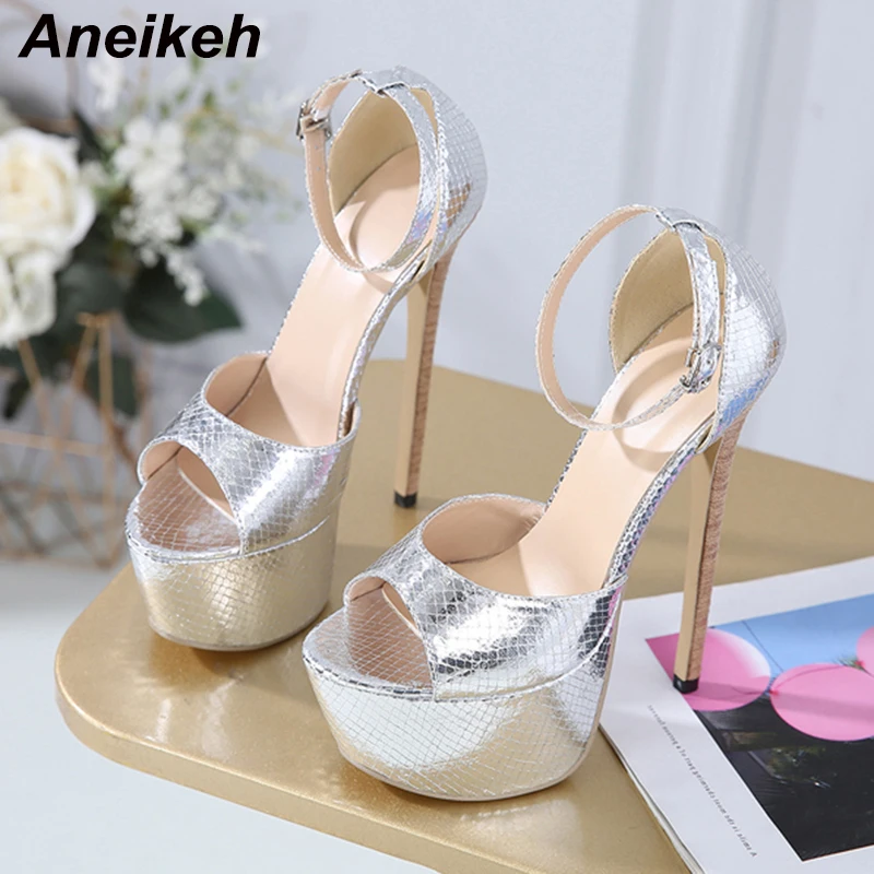 

Модные серебристые женские сандалии Aneikeh с блестками, открытым носком, ремешком и пряжкой на щиколотке, на платформе и высоком каблуке, женс...
