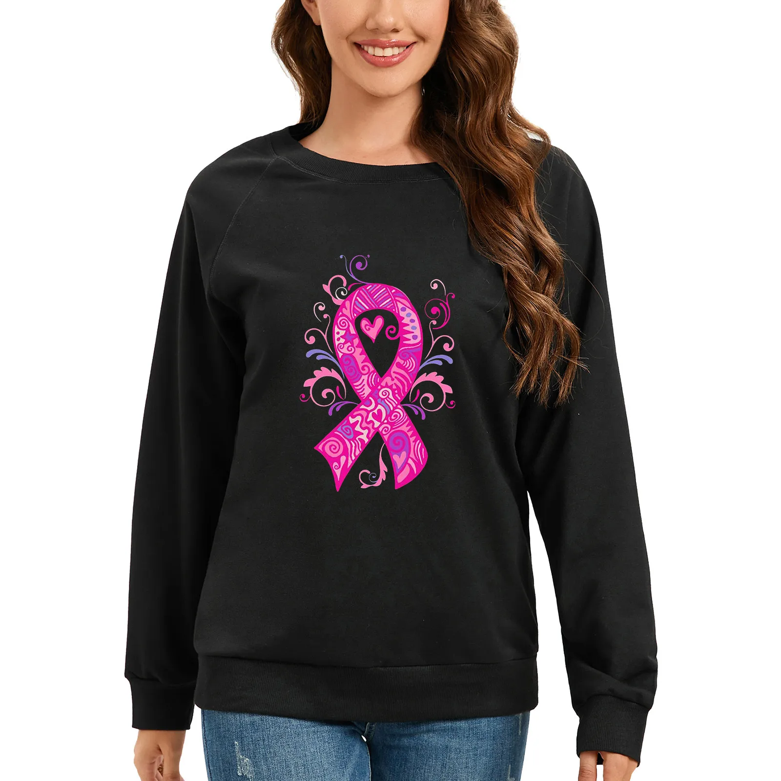 

Breast Cancer Awareness Print Hoodless Sweetshirts For Women Round Neck Long Sleeve Sweatshirt Tops Oversize Casual Casual Tunic
